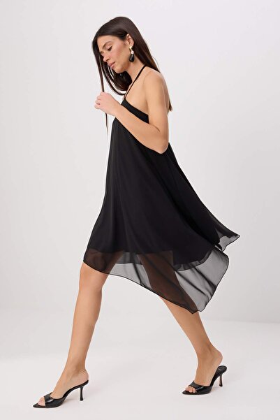 Trendyol Collection Black Chiffon Lined Asymmetrical Segmented Mini Woven Dre...