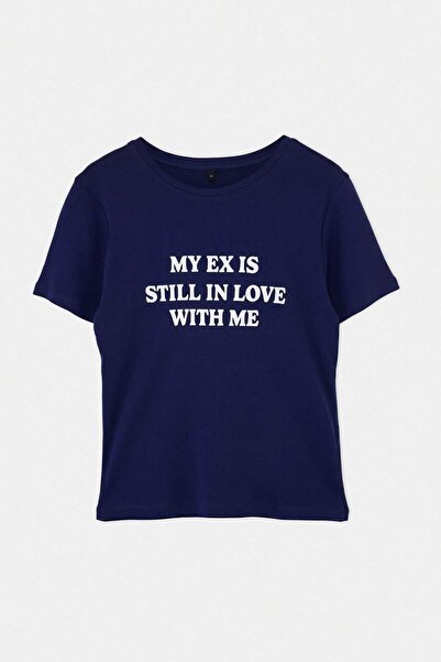 Trendyol Curve Navy Blue Slogan Fitted Cotton Ribbed Knitted Plus Size T-Shir...