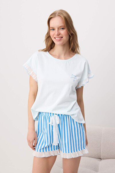 Trendyol Collection Set de pijamale tricotate moale din Lycra, cu dungi albas...