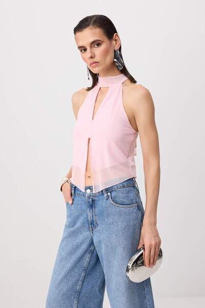 Trendyol Collection Pink Animal Halter Neck Sleeveless Knitted Tulle Party Bl...