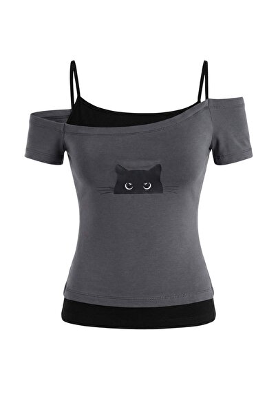 Trendyol Collection Anthracite Printed Regular Asymmetric Collar Low Sleeve S...