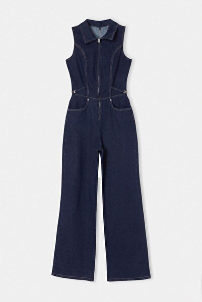 Trendyol Collection Dark Blue Medium Stretch Shirt Collar Denim Jumpsuit Twoa...