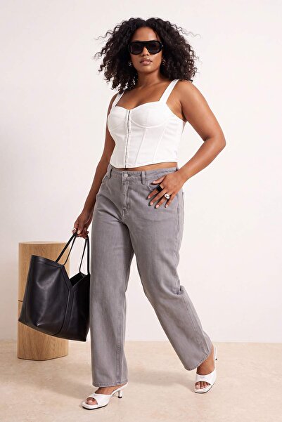 Trendyol Curve Graue Jeans mit weitem Bein und hoher Taille in Übergröße TBBS...