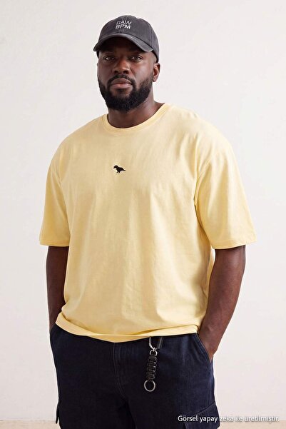 Trendyol Collection Yellow Oversize Dinosaur Embroidered 100% Cotton Large Si...