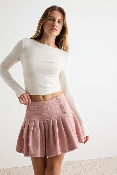 Trendyol Collection Pink Striped Short / Mini Pleated Skater Tweed Knitted Sk...