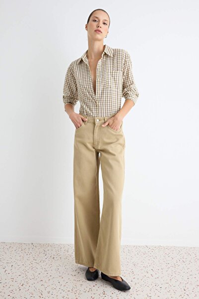 Trendyol Collection Tan 100% Cotton High Waist Wide Leg Jeans Twoaw27Je00059
