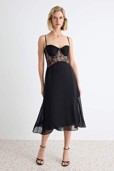 Trendyol Collection Black Heart Collar Carrot/Shalwar Maxi Knitted Dress Tpra...