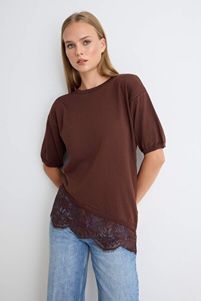 Trendyol Collection Brown More Sustainable Brown Crew Neck Lace-Trimmed Blous...