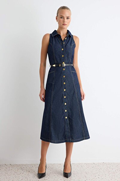Trendyol Collection Dark Blue Halter Neck Sleeveless Midi Denim Dress Twoaw27...