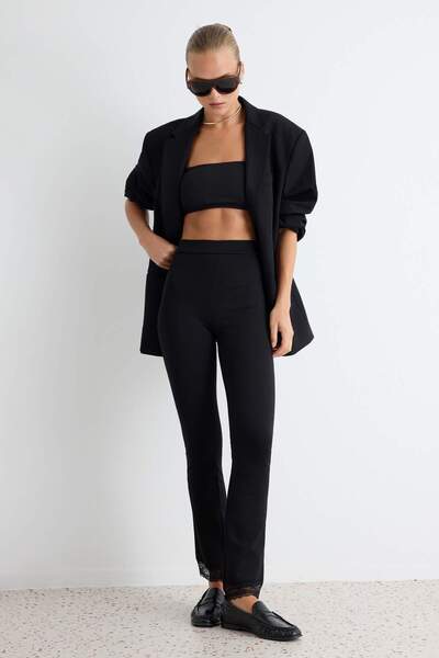 Trendyol Collection Black High Waist Lace Detailed Crop Flare Leg Spanish Fla...
