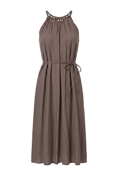 Drop by TrendyolMilla Mink V-Neck Thin Strap Layered Detailed Lined Woven Dre...