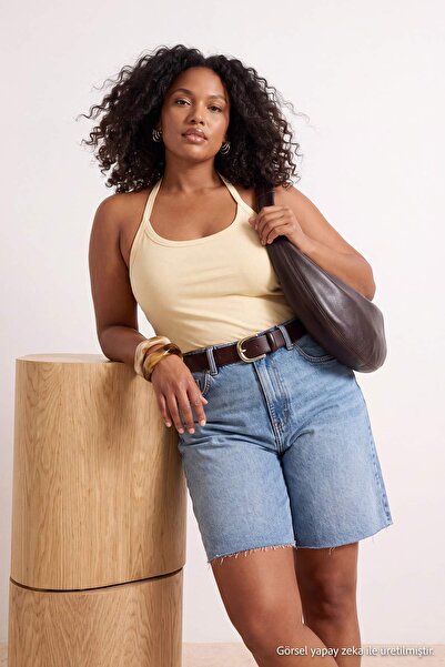Trendyol Curve Yellow-Brown Halter Neck Flexible Knitted Plus Size Athlete Tb...