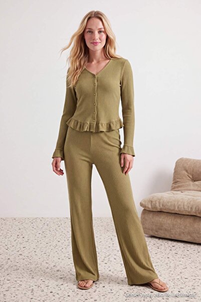 Trendyol Collection Khaki Frilly Waffle Knitted Pajama Set Thmaw26Pt00126