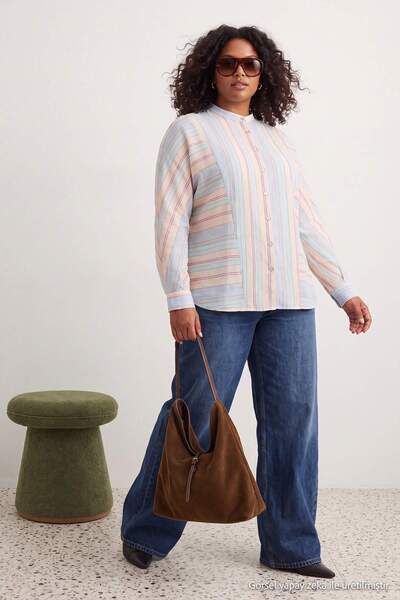 Trendyol Curve Blue-Multicolor Transparent Striped Oversized Shirt Tbbaw27Ax0...