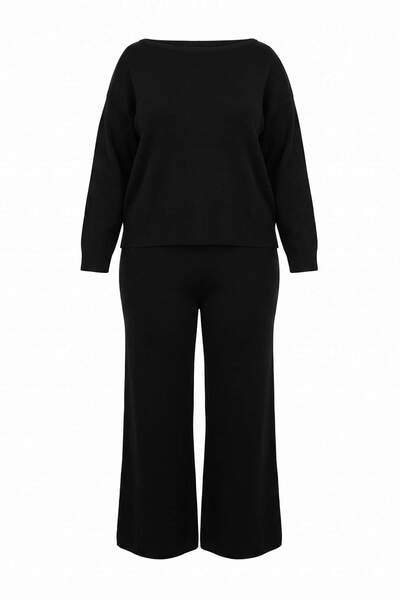 Trendyol Curve Black Boat Neck Sweater-Pants Knitwear Bottom - Top Set Tbbaw2...