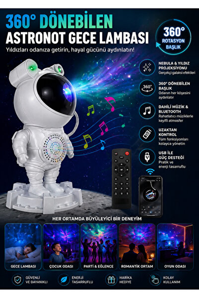 nextbuy Astronot Gece Lambası Hoparlör Yıldızlı Projeksiyon Cihazı Tavan Aydı...
