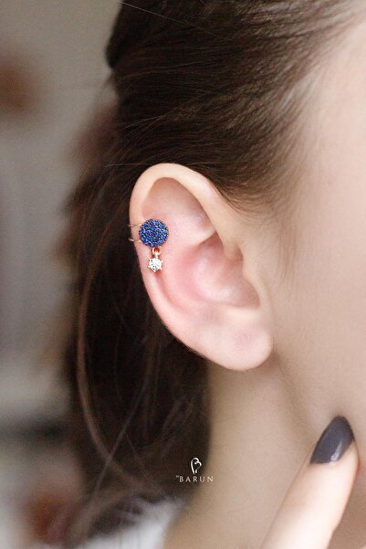 BY BARUN SİLVER Kıkırdak Tektaş Earcuff Yuvarlak 925 Ayar Zirkon Taşlı Rose P...