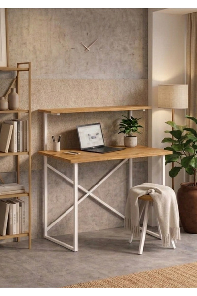GUİMO Üst Raflı Metal Ayaklı Çalışma Masası – 90 cm x 45 cm Çalışma Masası
