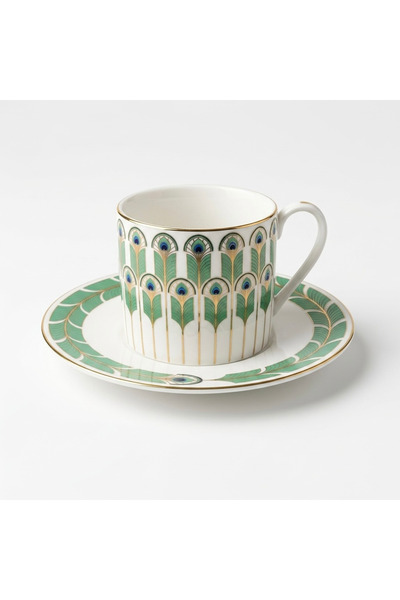 House Mart LLC White Ceramic Cups With Green Feather Design – 6pcs Cups And S...