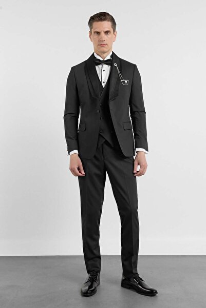İmza Siyah Kılıç Yaka Düz Desen 6 Drop Slim Fit Esnek Damatlık Takım Elbise 1...