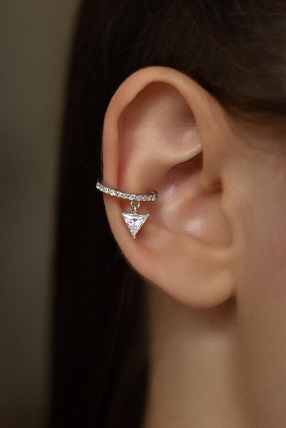 BY BARUN SİLVER Kıkırdak Earcuff Halka Yuvarlak Tektaş 925 Ayar Zirkon Taşlı Beyaz Silver Sıkıştırmalı Gümüş Küpe