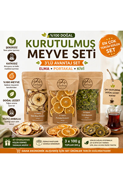 ZERBAP Şekersiz Kurutulmuş Meyve Seti 3’lü (Elma Portakal Kivi) 3x100g | %100...