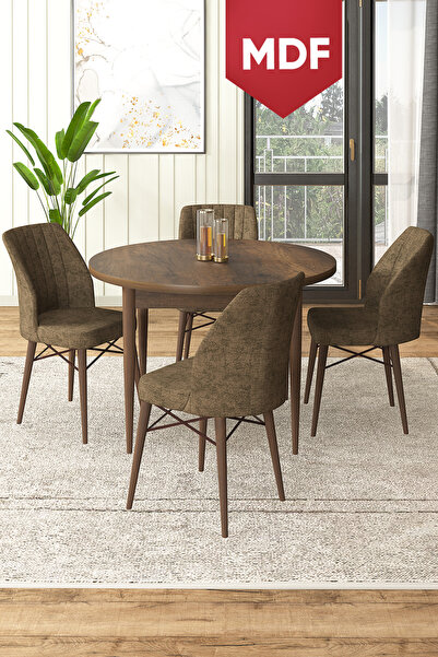 Canisa Rox Serisi MDF Yuvarlak 90x90 Barok Ahşap Desen Masa Takımı Ve 4 Kahve...