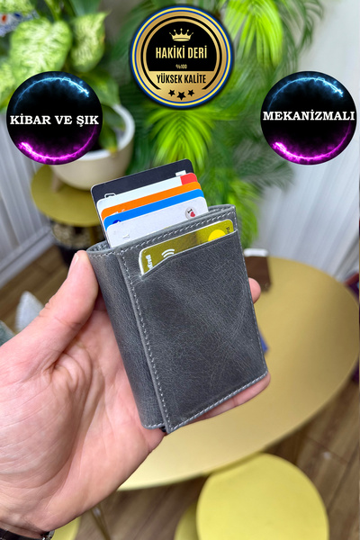 CüzCan Unisex Antik Gri Hakiki Deri Mekanizmalı Cüzdan - (isme Özel)