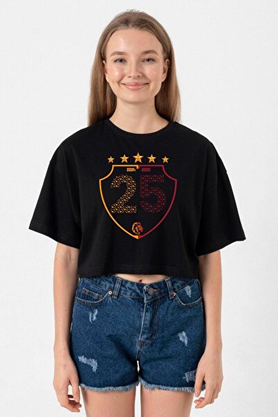 Tshirthane تيشيرت نسائي قصير باللون الأسود من 25 شامبيونشيب شيلد