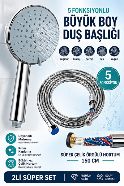 Plodna House Büyük boy Duş Başlığı 5 Fonksiyonlu + Çelik Örgülü 150 cm Duş Ho...