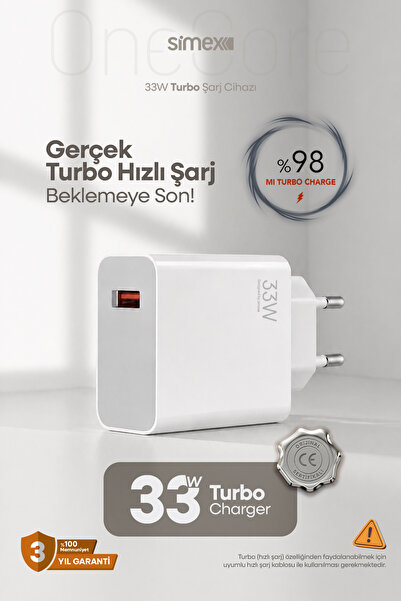 Simex Xiaomi, Redmi, Poco, Uyumlu 33 Watt Hızlı Turbo Şarj Başlığı CE Belgeli...