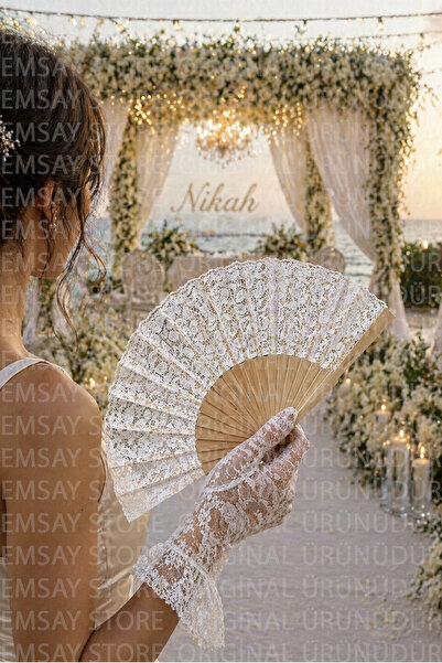 Emsay Store Benzersiz Lüks Premium Dantel Detaylı Gelin Yelpazesi – Ahşap Sap...