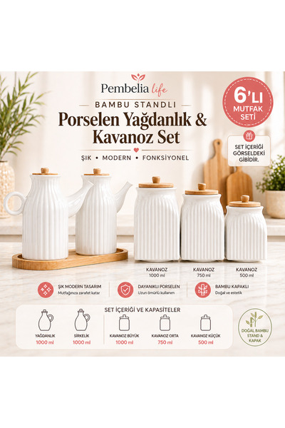 Pembelia Life 6 Parça Ahşap Standlı Porselen Papatya Yağdanlık 3'lu Çay Şeker...