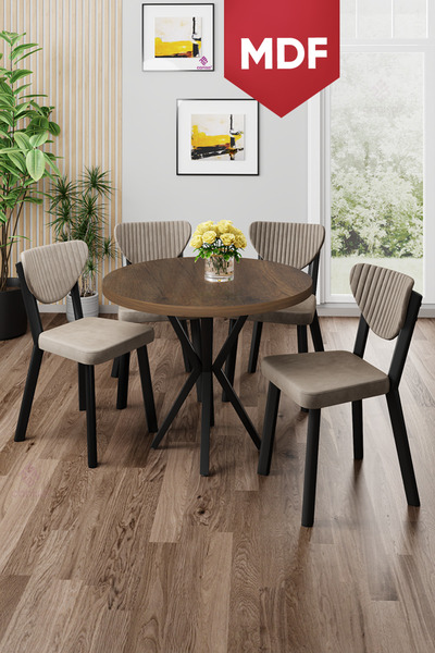 Canisa Agnes Serisi MDF 90x90 Yuvarlak Barok Ahşap Desen Masa Takımı ve 4 Cap...