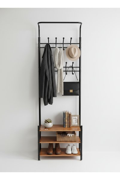 The Living Metal Clothing Stand with 3 Wood Shelves | Modern Clothes Organizer with Hooks | Multi-functional Garment Rack