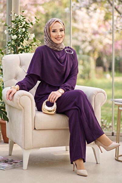 hafsamina Σετ Ayrobin με παντελόνι και πλαϊνές αγκράφες, χρώμα δαμασκηνί HM2901