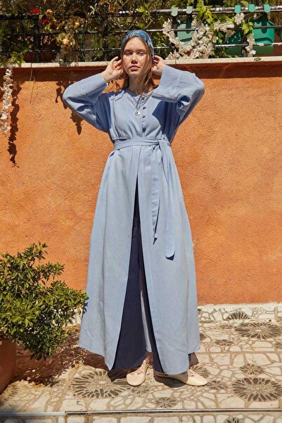 ZÜLAYS Düğmeli Keten Abaya Bebe Mavisi