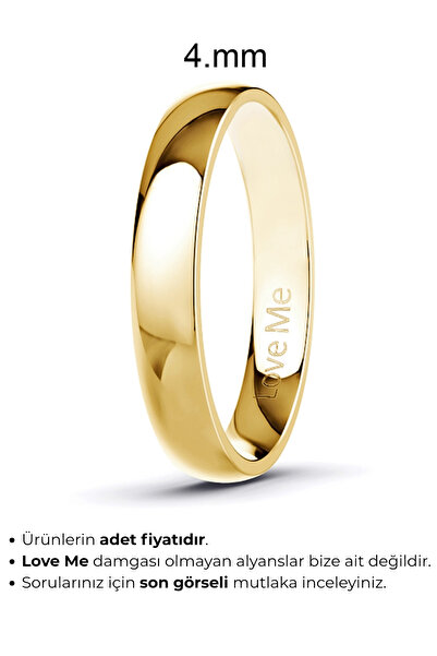 Love Me 4mm Parlak Altın Renk Kararmaz Unisex Bombeli Çelik Alyans Yüzük LM-432G