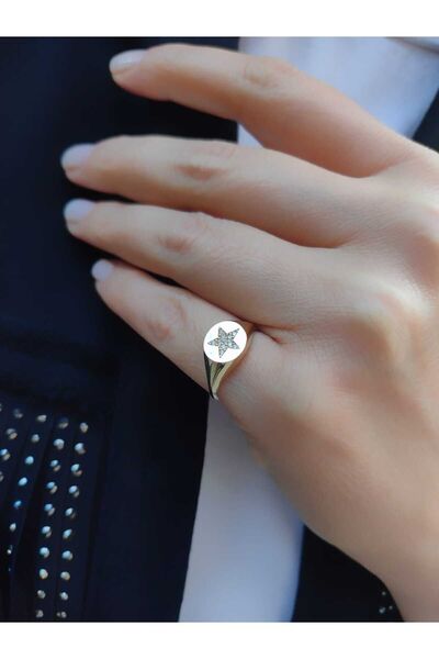 Berr Diamond 14 Ayar Altın Taşlı Yıldız Desenli Şövalye Yüzüğü