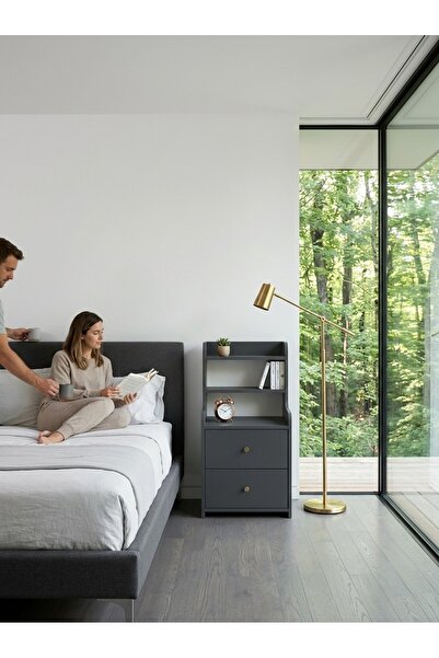 VELORAY MOBİLYA Raflı Komodin 2 Çekmeceli Yatak Başı Dolabı Modern Tasarım Ço...