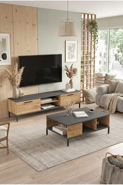 L'occi Concept Joseph Tv Ünitesi Orta Sehpa Metal Ayaklı 2'li Set Çam Jz5-aa