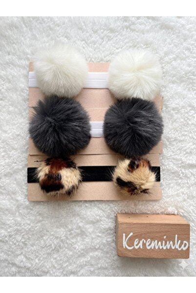 Kereminko Bebek Kız Bebek ve Çocuk Antrasit Ponponlu Saç Bandı 3lü Set