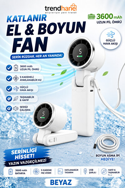 Trendhane 3600 mAh Şarjlı Mini Katlanır El Fanı 5 Kademeli Ayarlanabilir Taşı...