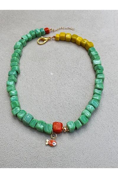 bizizmoda Bodrum Glass Beads Mint Green Orange Gold Enamel Fish