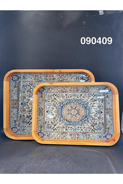 cashen Ahşap Desenli İkili Tepsi Seti Lüx Sunum Kahvaltı Servis Tepsisi