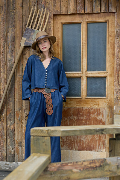 Fulla Moda Düğmeli Geniş Kol Crop Jean Gömlek