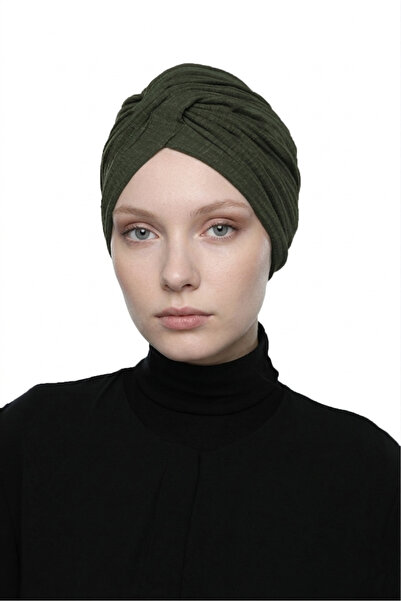 elysianfidan Crossed Combed Cotton Lined Khaki Ready-Made Turban Hijab Pool C...