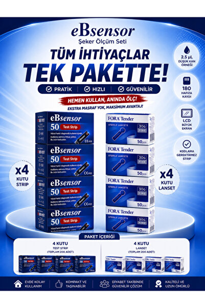 Ebsensor Eb Sensor Şeker Ölçüm stribi 4x50=200 stip + 200 lanset
