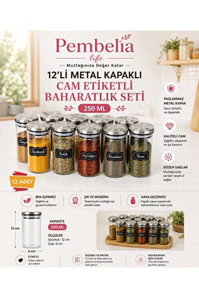 Pembelia Life Etiketli 250 Ml Metal Kapaklı 12 Adet Cam Kavanoz Baharatlık Seti
