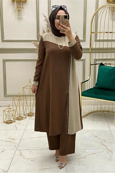 TRENDTESETTÜR KADIN KAHVE (CAMEL) PUL PAYET DETAYLI İKİ RENKLİ PANTOLONLU TAK...